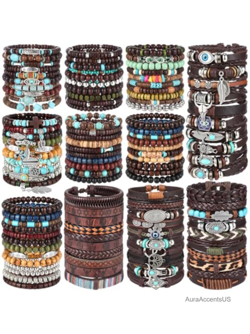 100 Pcs Leather Wrap Bracelets Boho Turquoise Wood Beads Ethnic Tribal Cowboy